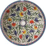 Tezgah Üstü Porselen Çini Çanak Lavabo Renkli Lale Desenli