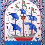 100x160 Cm ED 651 Osmanlı Kalyon Gemi Desenli El dekoru Çini Pano