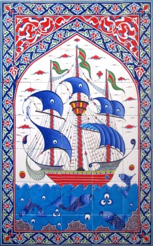 100x160 Cm ED 651 Osmanlı Kalyon Gemi Desenli El dekoru Çini Pano