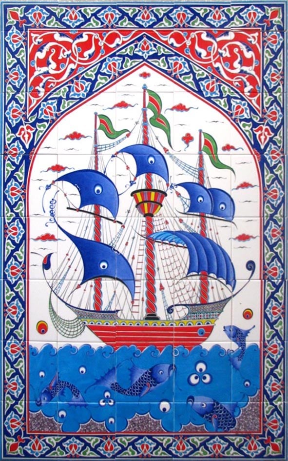 100x160 Cm ED 651 Osmanlı Kalyon Gemi Desenli El dekoru Çini Pano