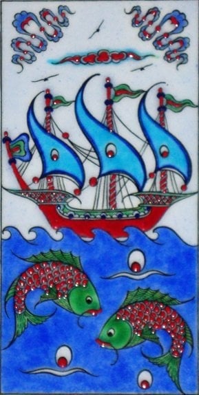 10x20 Cm ED 213 Kırmızı İznik Kalyon Eldekoru Çini Karo