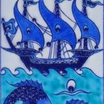 10x20 Cm ED 214 Mavi İznik Kalyon Eldekoru Çini Karo