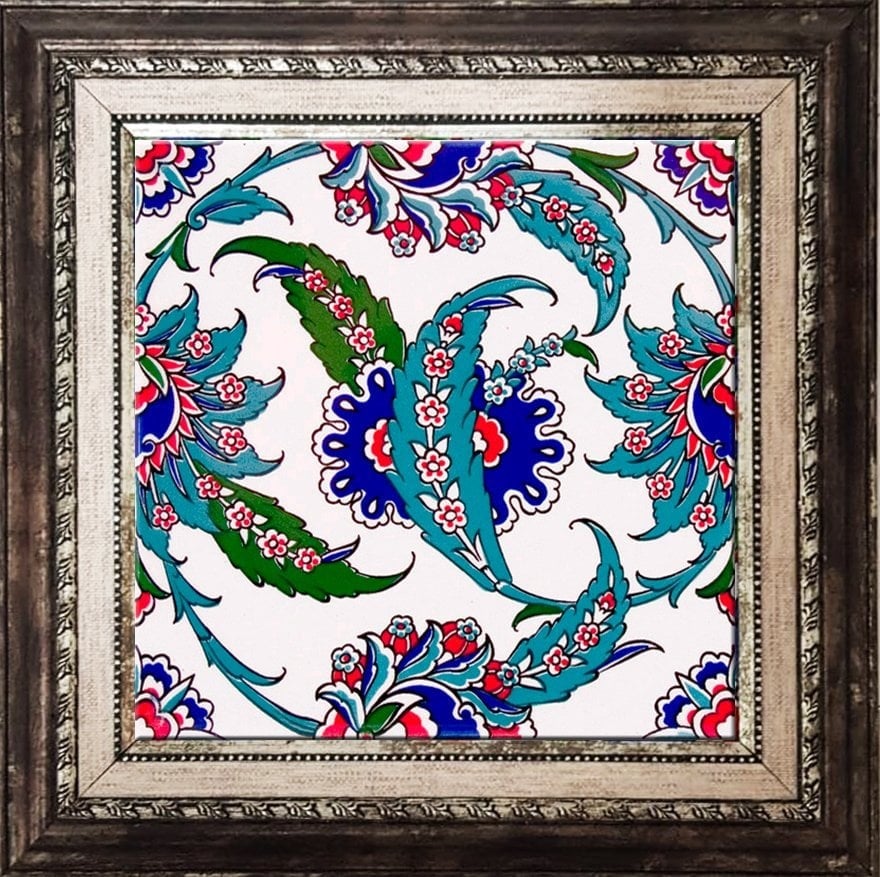 20x20 Cm AC 1 Hançer Yaprak Çerçeveli Kütahya Çini Karo