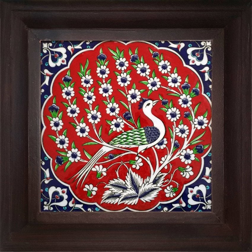 20x20 Cm ED 300 Kırmızı Tavus Kuşu Kütahya Çini Pano