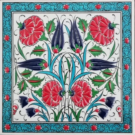 20x20 Cm ED 306 Turkuaz Lale Karanfil Eldekoru Çini Pano