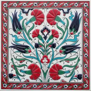 20x20 Cm ED 361 Lale Karanfil Kırmızı Kobalt Desenli Eldekoru Çini karo