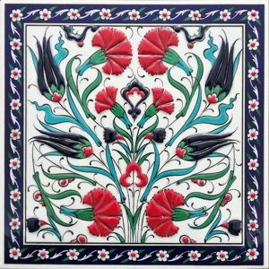 20x20 Cm ED 362 Lale Karanfil Kırmızı Kobalt Desenli Eldekoru Çini karo