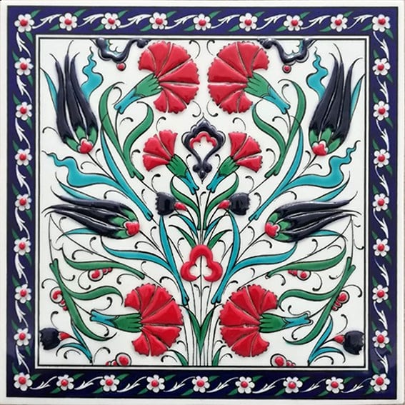 20x20 Cm ED 362 Lale Karanfil Kırmızı Kobalt Desenli Eldekoru Çini karo