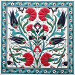 20x20 Cm ED 363 Lale Karanfil Turkuaz Kırmızı Kobalt Desenli Eldekoru Çini karo