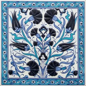 20x20 Cm ED 364 Lale Karanfil Turkuaz Kobalt Desenli Eldekoru Çini karo