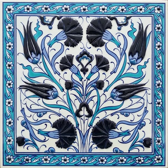 20x20 Cm ED 364 Lale Karanfil Turkuaz Kobalt Desenli Eldekoru Çini karo