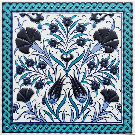 20x20 Cm ED 366 Lale Karanfil Turkuazx koballt Desenli Eldekoru Çini karo