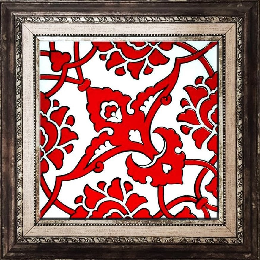 20x20 Cm SP 83 Kırmızı Beyaz İznik Rumi Desenli Çini Karo