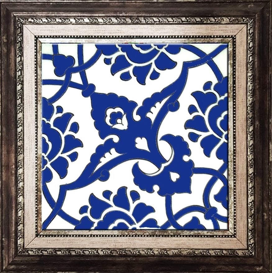 20x20 Cm SP 83 Kobalt Beyaz İznik Rumi Desenli Çini Karo