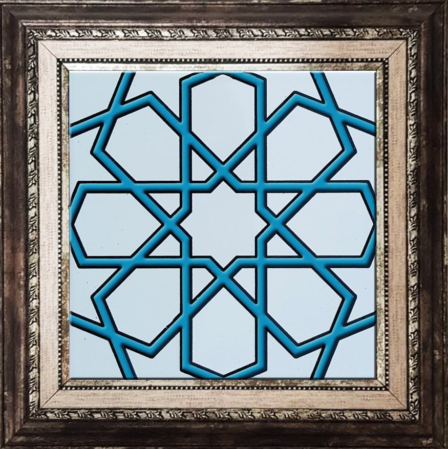20x20 Cm SP 89-v Turkuaz Beyaz Türkmen Yıldızı Çini Karo