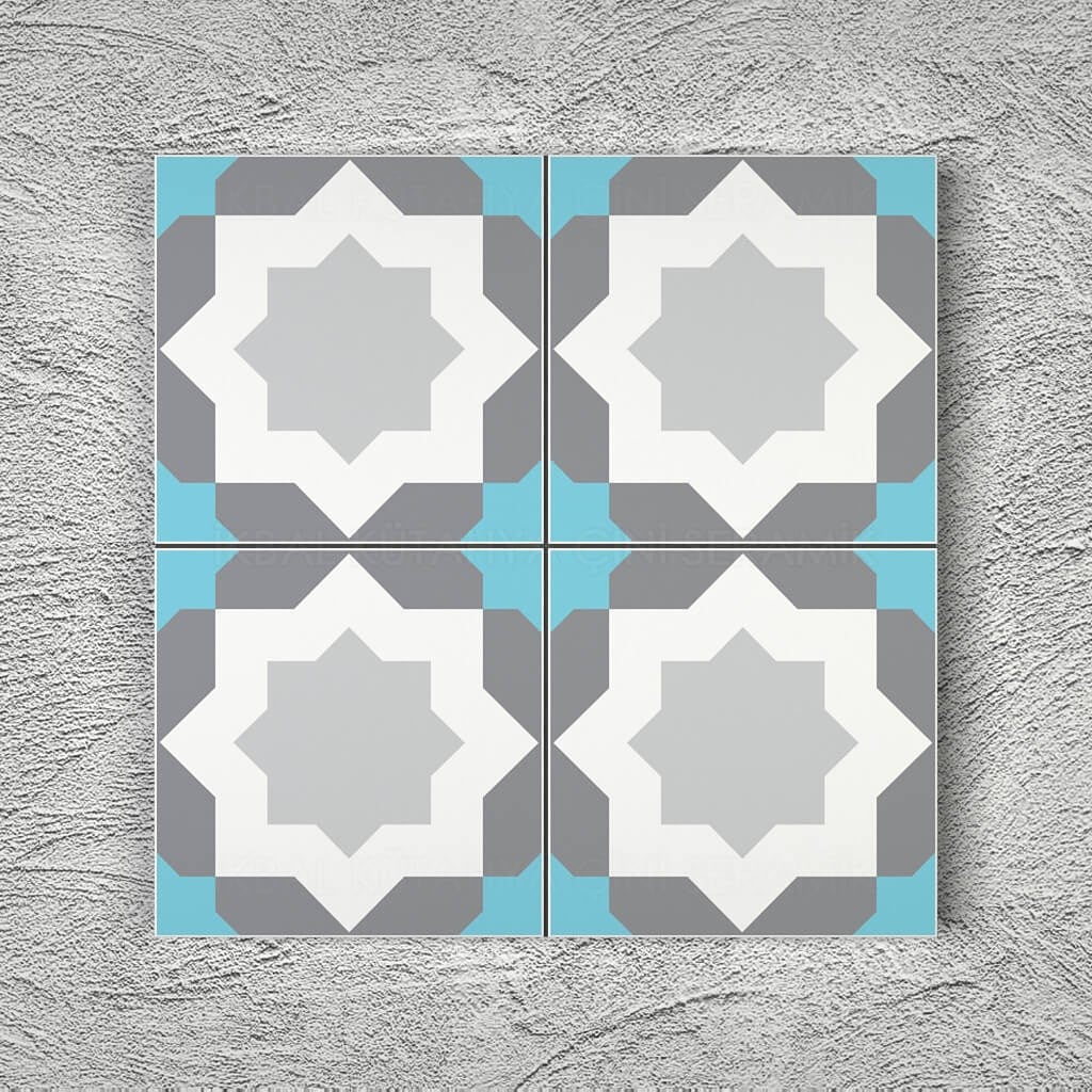 20x20 Cm YC 39 Gri Mavi Türkmen Yıldızı Yer Çinisi