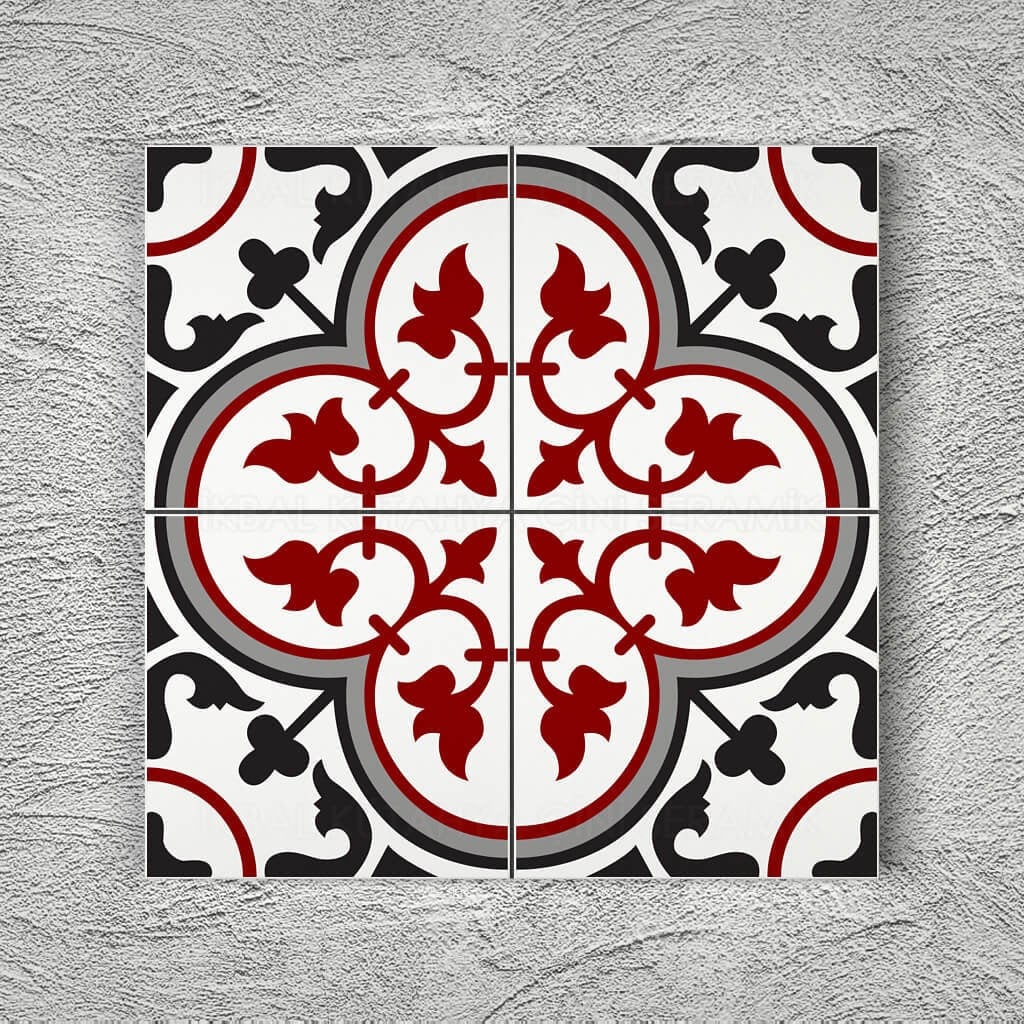 20x20 Cm YC 44 Gri Kırmızı Çiçekli Yer Çinisi