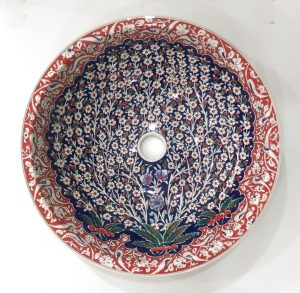 Hayat Ağacı Desenli El Yapımı Tezgah Üstü Çini Lavabo