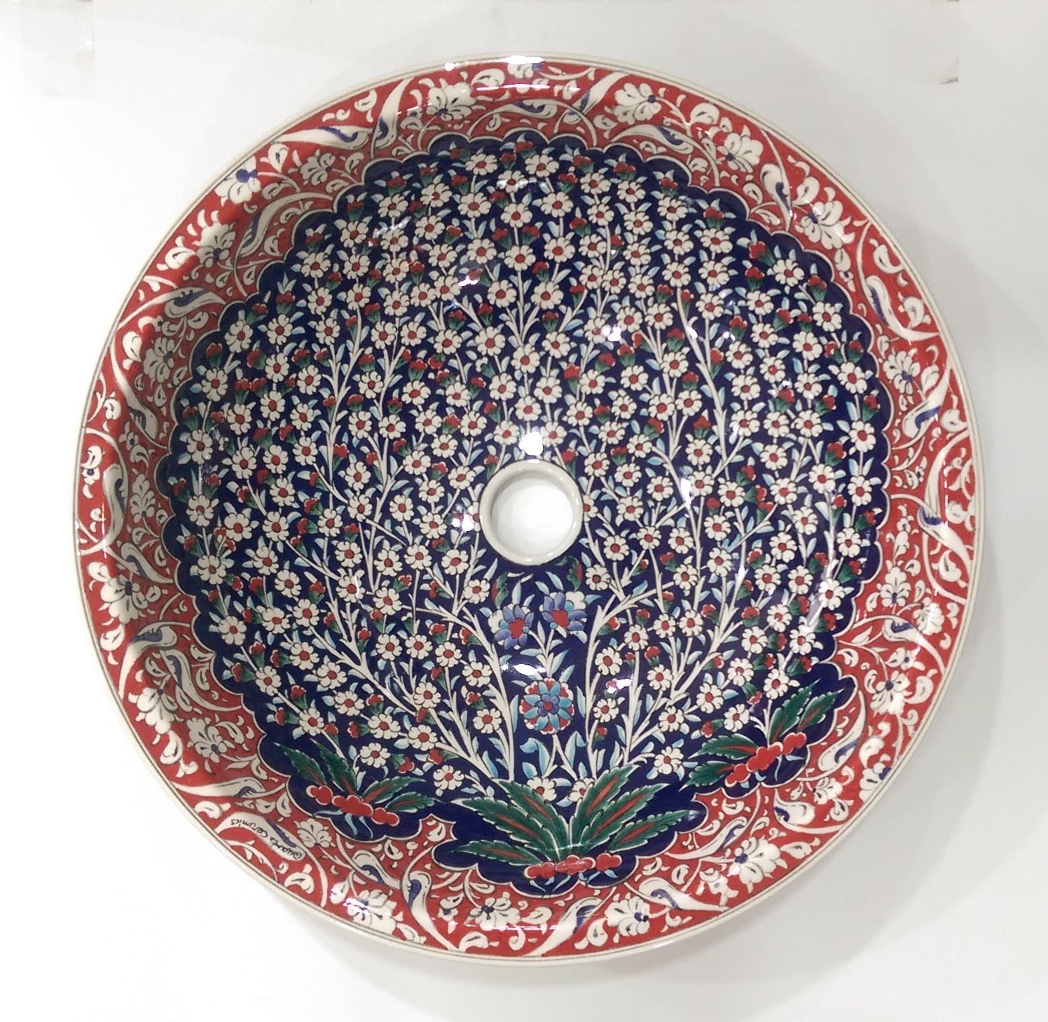 Hayat Ağacı Desenli El Yapımı Tezgah Üstü Çini Lavabo
