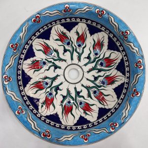 İznik Mavi Desenli El Yapımı Tezgah Üstü Çini Lavabo