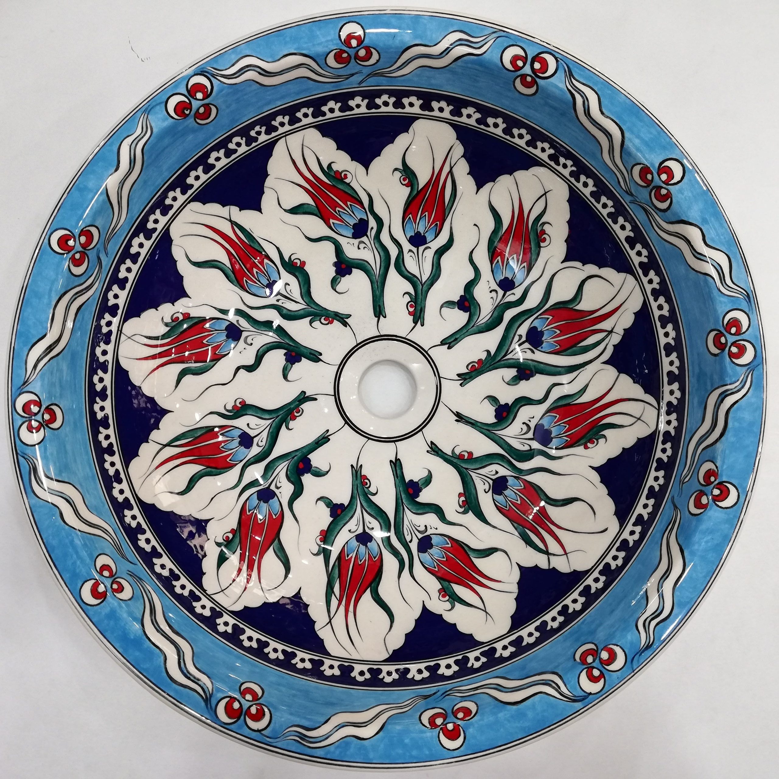 İznik Mavi Desenli El Yapımı Tezgah Üstü Çini Lavabo