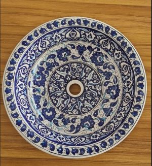 Kobalt Şakayık Desenli El Yapımı Tezgah Üstü Çini Lavabo