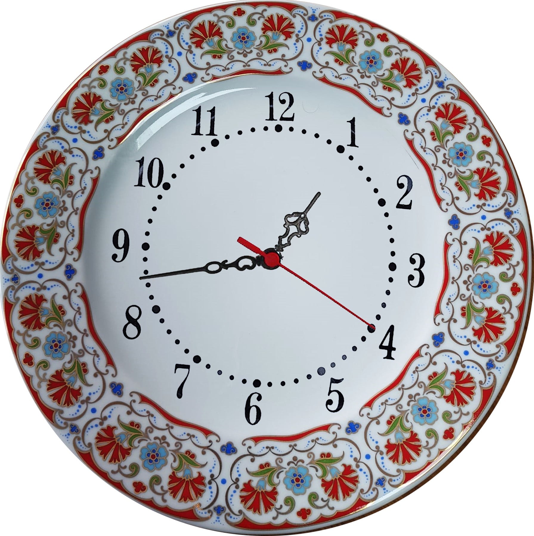 PRT 133 25 Cm Kırmızı Altın Yaldızlı karanfil Desenli Porselen Çini saat