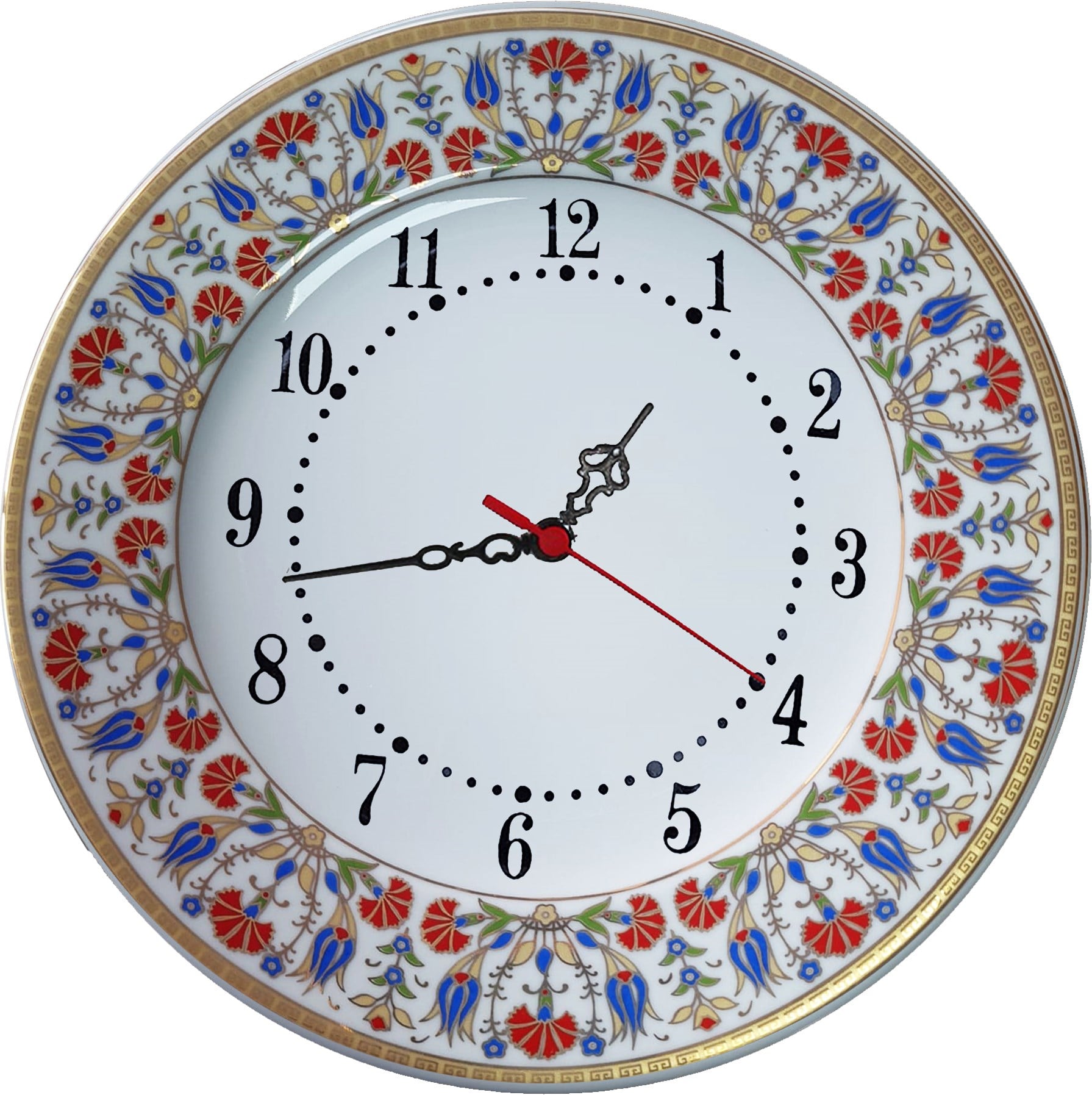 PRT 141 25 Cm Sarı Altın Yaldızlı Lale karanfil Desenli Porselen Çini saat