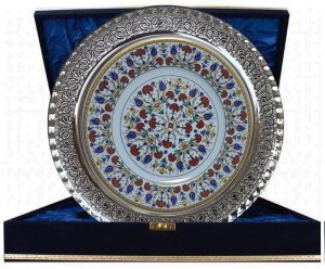 PRT 35 25 Cm Sarı Altın Yaldızlı Lale karanfil Desenli Gümüş Çerçeveli Porselen Çini Tabak
