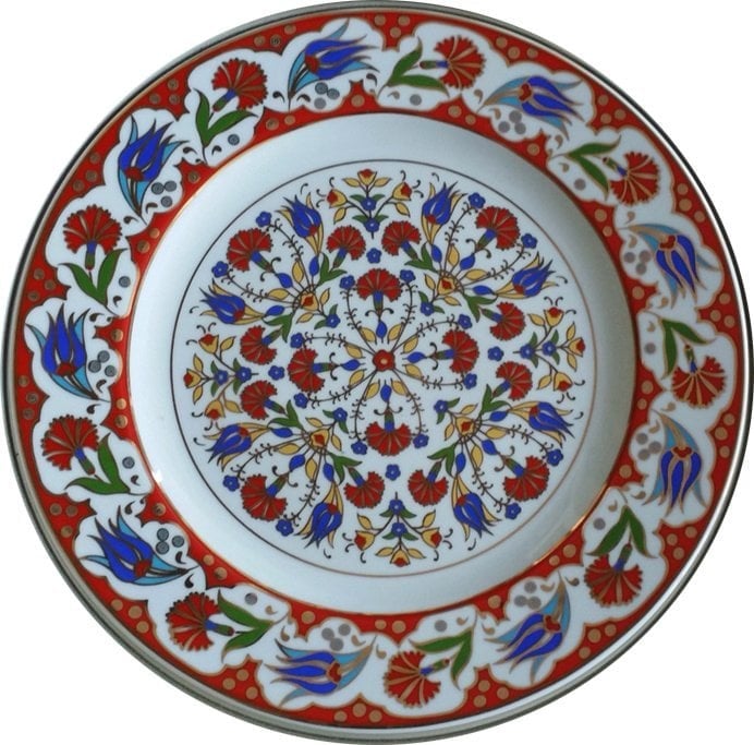 PRT 37 25 Cm Kırmızı Altın Yaldızlı Lale karanfil Desenli Porselen Çini Tabak