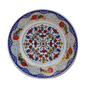PRT 40 25 Cm Mavi Altın Yaldızlı Lale karanfil Desenli  Porselen Çini Tabak