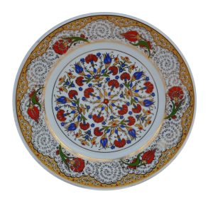 Prt 43 25 Cm Sarı Altın Yaldızlı Lale Karanfil Desenli Porselen Çini Tabak
