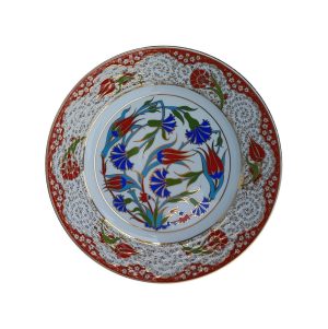 PRT 49 25 Cm Kırmızı Altın Yaldızlı Lale karanfil Desenli  Porselen  Çini Tabak