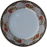 PRT 52 25 Cm Siyah  Altın Yaldızlı Lale karanfil Desenli  Porselen Kaligrafi Çini Tabak