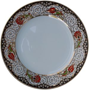 PRT 52 25 Cm Siyah  Altın Yaldızlı Lale karanfil Desenli  Porselen Kaligrafi Çini Tabak