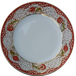 PRT 54 25 Cm Kırmızı  Altın Yaldızlı Lale karanfil Desenli  Porselen Kaligrafi Çini Tabak
