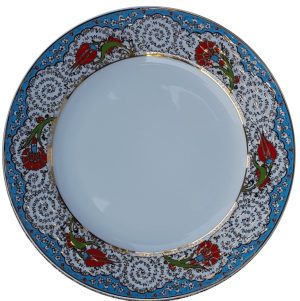PRT 55 25 Cm Mavi Altın Yaldızlı Lale karanfil Desenli  Porselen Kaligrafi Çini Tabak