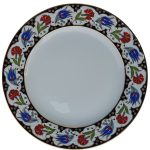 PRT 56 25 Cm Siyah  Altın Yaldızlı Lale karanfil Desenli  Porselen Kaligrafi Çini Tabak