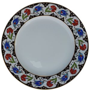 PRT 56 25 Cm Siyah  Altın Yaldızlı Lale karanfil Desenli  Porselen Kaligrafi Çini Tabak