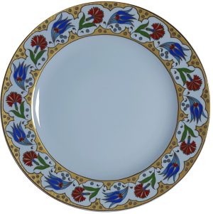 PRT 57 25 Cm Sarı  Altın Yaldızlı Lale karanfil Desenli  Porselen Kaligrafi Çini Tabak