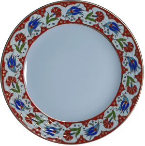 PRT 58 25 Cm Kırmızı  Altın Yaldızlı Lale karanfil Desenli  Porselen Kaligrafi Çini Tabak