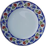 PRT 60 25 Cm Lacivert  Altın Yaldızlı Lale karanfil Desenli  Porselen Kaligrafi Çini Tabak