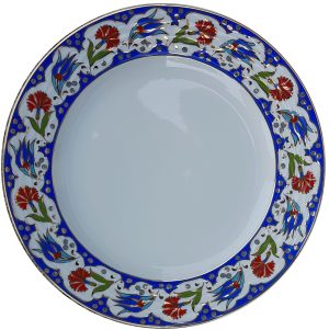 PRT 60 25 Cm Lacivert  Altın Yaldızlı Lale karanfil Desenli  Porselen Kaligrafi Çini Tabak