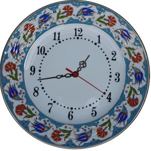 PRT 64 25 Cm Mavi Altın Yaldızlı Lale karanfil Desenli Porselen Çini saat