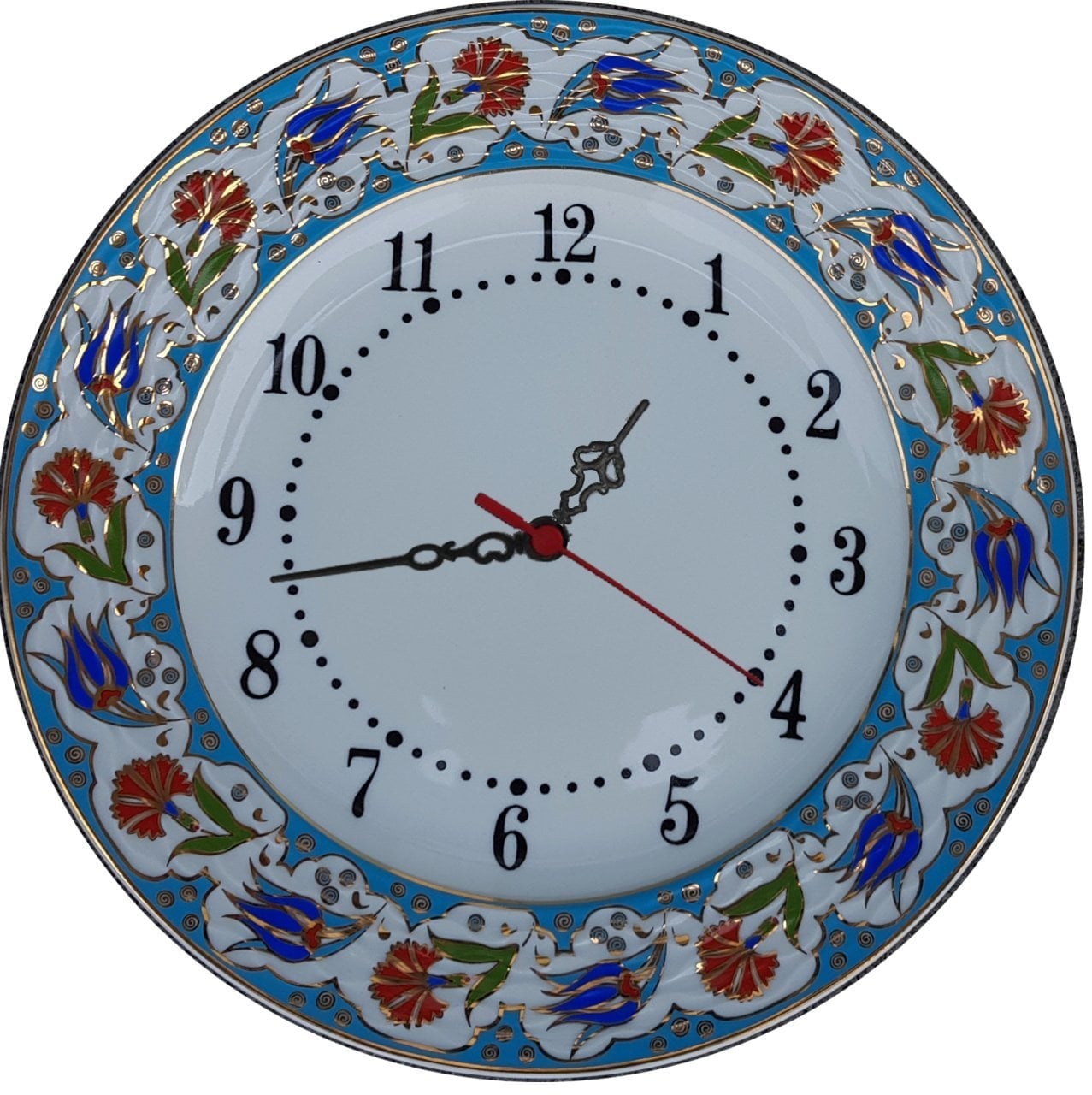 PRT 64 25 Cm Mavi Altın Yaldızlı Lale karanfil Desenli Porselen Çini saat