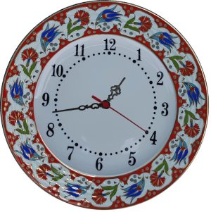 PRT 65 25 Cm Kırmızı Altın Yaldızlı Lale karanfil Desenli Porselen Çini saat