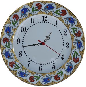 PRT 66 25 Cm Kırmızı Sarı Yaldızlı Lale karanfil Desenli Porselen Çini saat