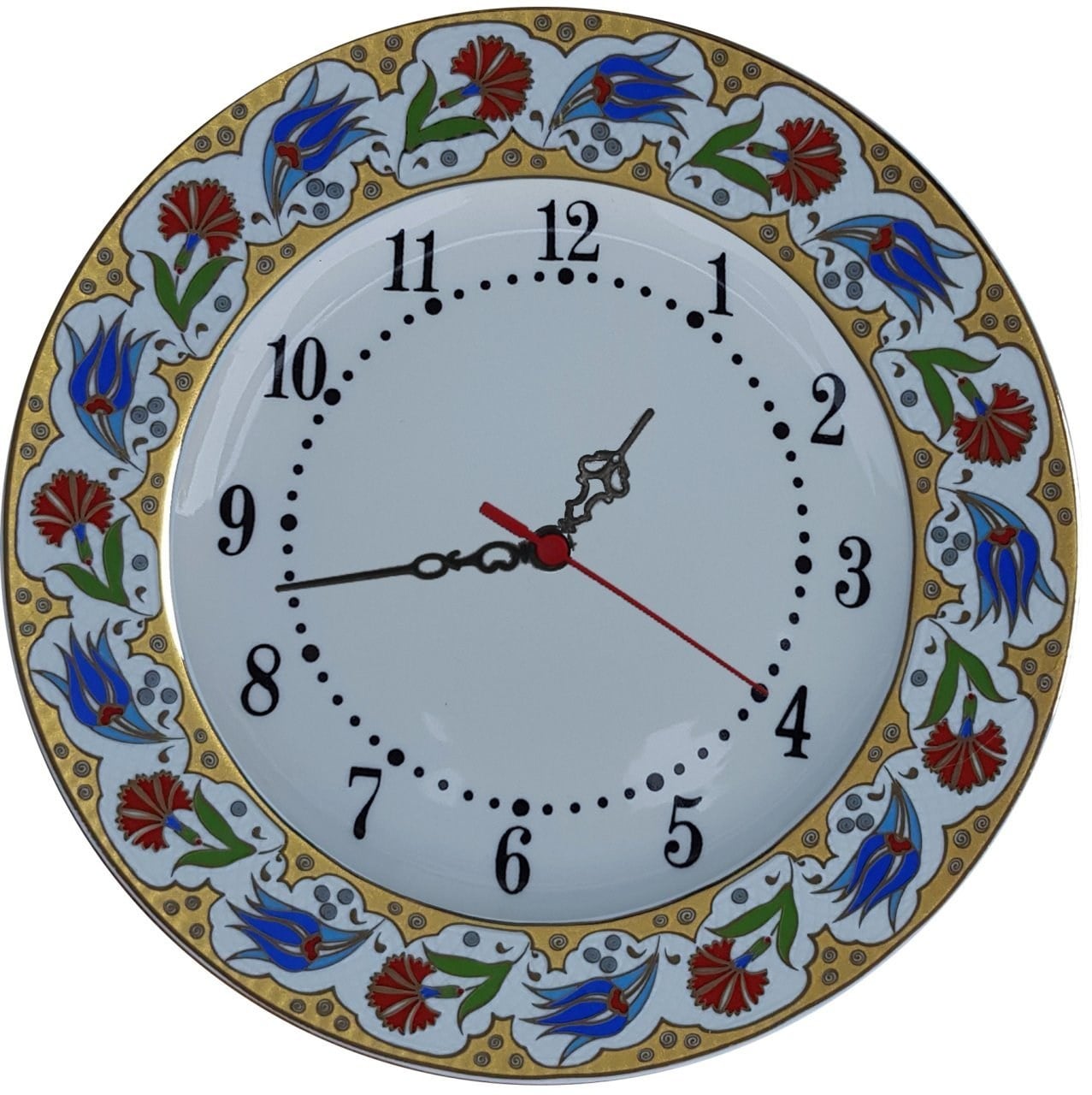 PRT 66 25 Cm Kırmızı Sarı Yaldızlı Lale karanfil Desenli Porselen Çini saat