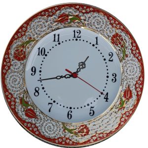 PRT 69 25 Cm Kırmızı Altın Yaldızlı Lale karanfil Desenli Porselen Çini saat