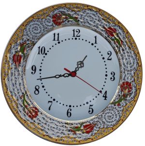 PRT 70 25 Cm Kırmızı Sarı Yaldızlı Lale karanfil Desenli Porselen Çini saat